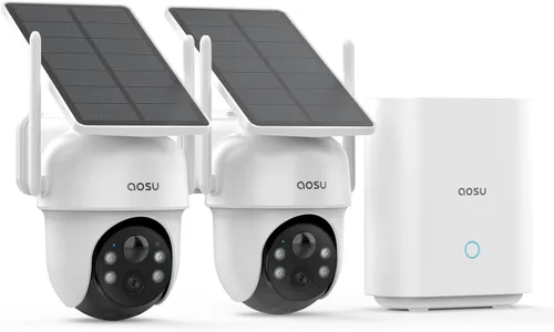 Cámaras de seguridad al aire libre inalámbricas aosu, kit de 2 cámaras, sin suscripción, alimentadas por energía solar, sistema de cámaras de