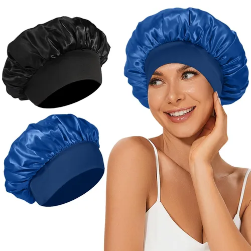Vista 12 de 4 piezas de gorro de satén de seda, gorro de cabello para dormir, gorro de seda elástica de banda ancha para dormir, suave y transpirable