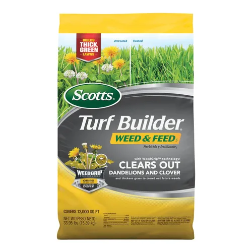 Vista 12 de Scotts Turf Builder Weed and Feed5, Fertilizante y alimento para césped, matamalas hierbas plus, controla dientes de león y trébol, 4,000 pies