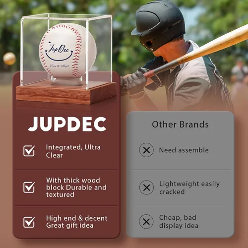 Vista 6 de Estuche de exhibición de béisbol JupDec, soporte de béisbol de cubo transparente con base de madera, caja de soporte de autógrafos de béisbol