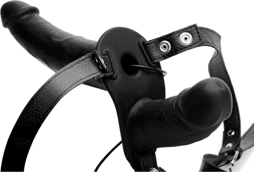 Power Pegger - Consolador doble vibrador de silicona negra con arnés