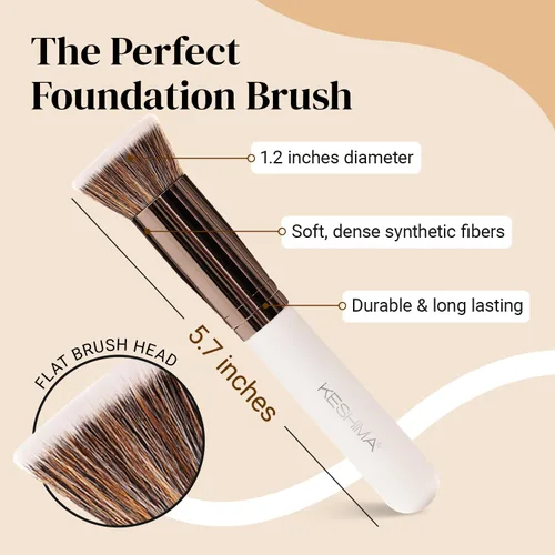 Vista 2 de Keshima Brocha de base plana Kabuki – Brocha de base prémium para maquillaje líquido, crema y polvo, pulido, mezcla y cara (tamaño regular, blanco)