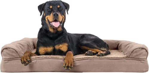 Vista 27 de FurHaven - Cama ortopédica de espuma estilo sofá para perros con funda lavable y extraíble - Felpa/Gamuza - Almendra, para perros de hasta 35 libras