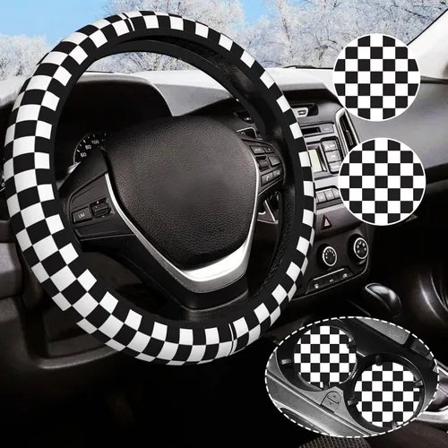 Funda de volante de goma antideslizante a cuadros en blanco y negro de 37-38 cm, universal, con 2 piezas de posavasos para coche, adecuada para