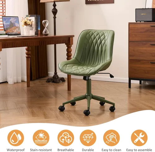 Vista 8 de YOUNIKE Silla de escritorio de oficina en casa con ruedas, silla de tocador sin brazos con respaldo, cómoda y moderna silla tapizada de cuero