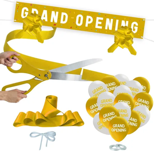 Kit de ceremonia de corte de cinta dorada de gran apertura, tijeras gigantes de 25 pulgadas con cinta de satén dorada, pancarta, globos, lazos y más