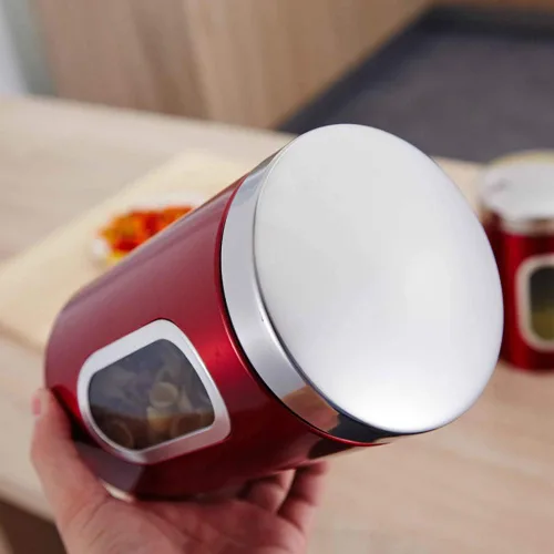 Vista 6 de Juego de recipientes de cocina de 3 piezas para azúcar, alimentos, té, café, dulces, tarros de almacenamiento de acero inoxidable con ventanas