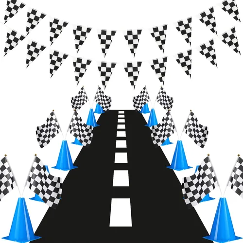 Skylety Juego de conos de tráfico y banderas a cuadros de carreras, incluye 12 conos de tráfico de plástico, 12 banderas con palos, banderín a