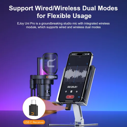 Vista 2 de COMICA Ejoy Uni PRO (D) Micrófono inalámbrico USB para PC, micrófono de transmisión de juegos con reducción de ruido de un solo clic, luces RGB