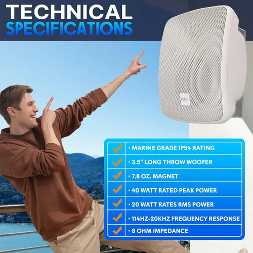 Vista 3 de Pyle Altavoz para Patio al Aire Libre Resistente al Agua - 3.5" 2 Vías, Montaje en Pared/Techo, Altavoz Dual Resistente a la Intemperie con Rejilla