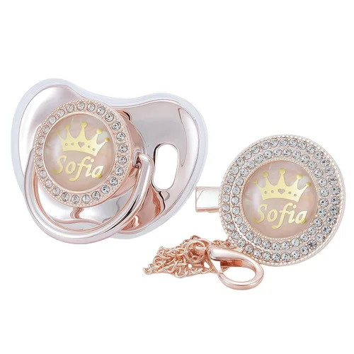 Juego de Chupete y Clip Personalizado con Cualquier Nombre, Bling Oro Plata, 18 Colores, Libre de BPA, Diseño Único Lujoso, Chupete Ideal para Bebé,