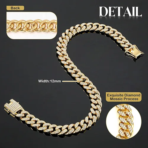 Vista 4 de Collar de cadena para perro, collar de diamantes para caminar, collar de metal con diseño de hebilla segura, collar de estilo cubano para mascotas