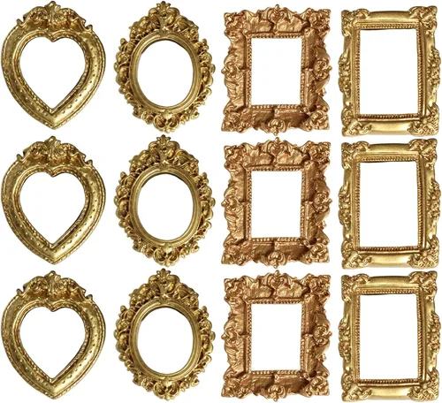 12PCS Small Gold Frames 4 Types Vintage Baroque Resin Mini Picture Frames Antique for DIY Photo Holiday Party Decor, Ornaments de jardin