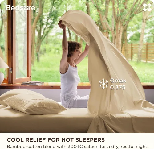 Vista 2 de Bedsure Sábanas Refrescantes Tamaño Queen, Rayón Derivado de Bambú y Mezcla de Algodón, GentleSoft, Transpirables, Juego de Sábanas Queen, Bolsillo