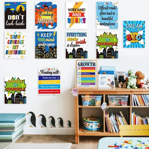 Vista 6 de ZOIIWA 12 pósteres con cita inspiradora de héroe temático, decoración de aula con temática de héroe, juego de recortes motivacionales de mentalidad