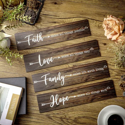 Vista 7 de Jetec 4 piezas de decoración rústica para puerta, letrero de madera con texto en inglés «Faith Love Hope», letrero colgante para el hogar, sala