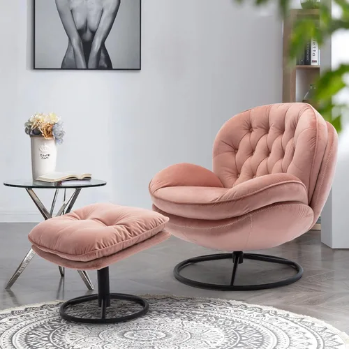 Vista 8 de Homsof Silla giratoria de terciopelo con juego otomano, moderna tumbona con reposapiés, cómodo sillón con patas de metal