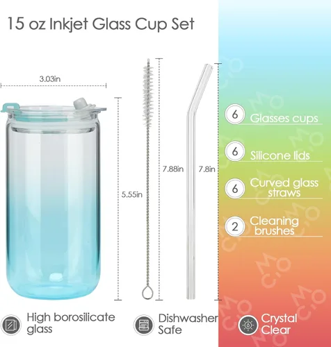 Vista 3 de COMI 6 piezas de vasos de vidrio con tapas y pajitas, vaso de vidrio para café helado, vasos de beber con dos cepillos de limpieza, juego de vasos