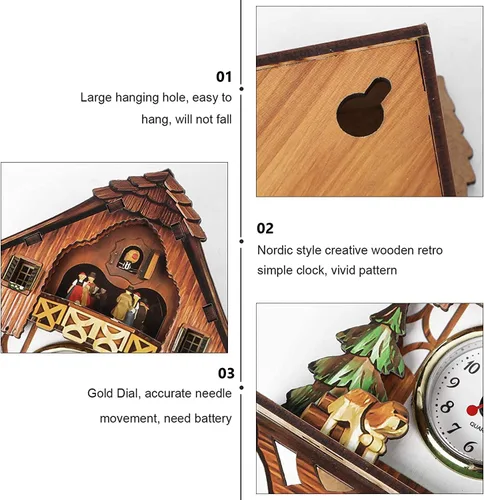 Vista 4 de Reloj de cuco, relojes de pared de madera, madera tradicional hecho a mano, estilo antiguo, retro, mecánico, cuco, péndulo, reloj de cuarzo
