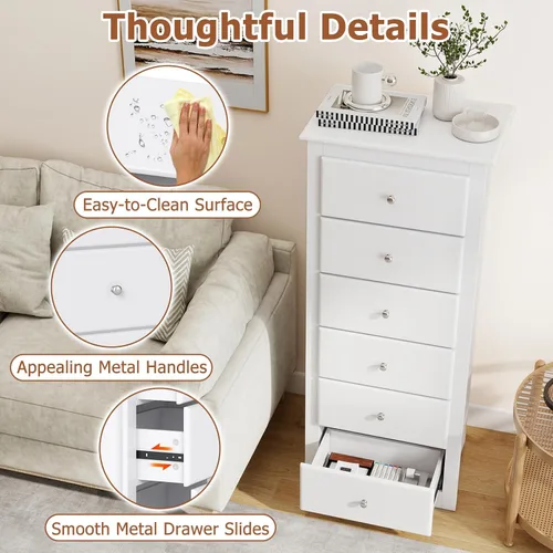 Vista 8 de Cómoda de 6 cajones, cómoda de 53.5 pulgadas, cajones de armario modernos con asas de metal, cómodas y cofres de madera, cómoda alta para Blanco