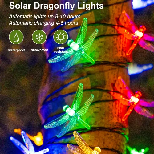 Vista 4 de 20 luces LED solares de libélula, 8 modos de luces de Navidad impermeables al aire libre, 10 pies alimentadas por energía solar, luces de libélulas