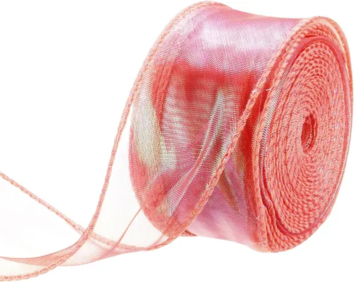 Vista 42 de MECCANIXITY Cinta de Organza Transparente con Alambre Brillante de 1 1/2" de Ancho, Cintas de Gasa Iridiscente con Brillo Pastel, 10 Yardas, Morado