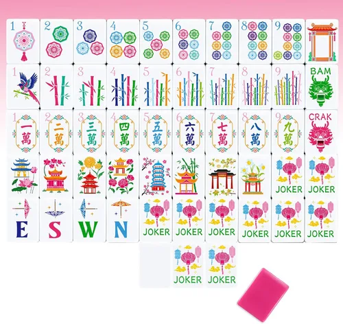 Simgoing 160 piezas de azulejos Mahjong americanos grabados, chinoiserie Rosa Rojo