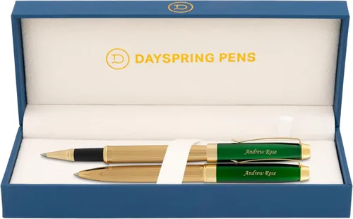 Set de bolígrafo y pluma rodante Braxton personalizado - Acabado de laca verde con ribete dorado. Juego de regalo chapado en oro de 18 quilates para