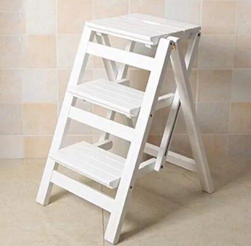 Escalera plegable multifuncional, plegable de madera maciza, taburete para el hogar, multicolor, escalera plegable, color blanco, tres