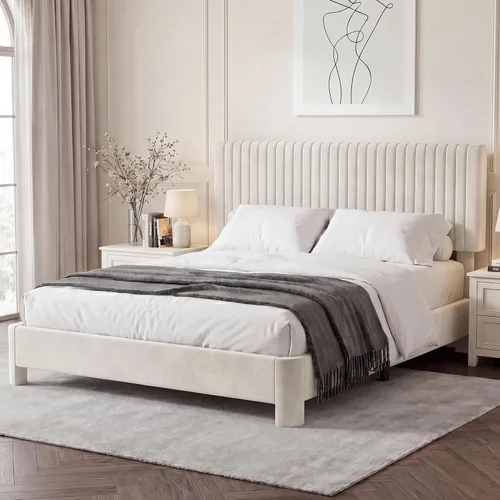 Vista 12 de Vipbear Base de cama tamaño Queen con heaboard, marco de cama tapizado de terciopelo de lujo con soporte de listones de madera, bajo y resistente