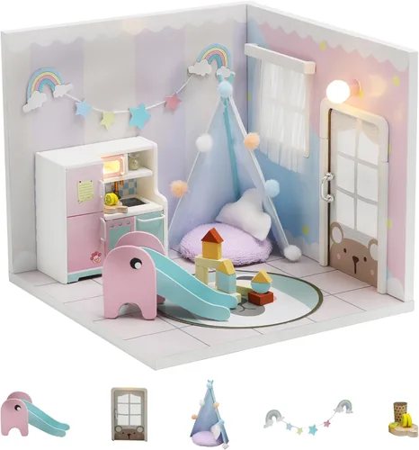 Vista 10 de Kit de casa de muñecas en miniatura de Kisoy con muebles, kit de casa de madera 3D para hacer tú mismo en un rincón de estilo apartamento pequeño