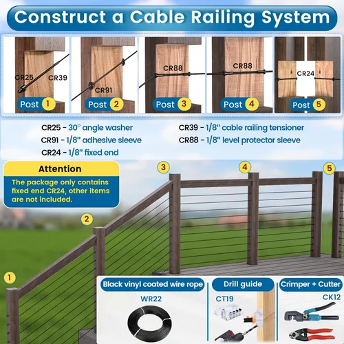 Vista 6 de Muzata Paquete de 20 barandillas invisibles negras de 1/8 pulgadas para poste de madera, kit de barandilla de cable de cubierta de acero inoxidable