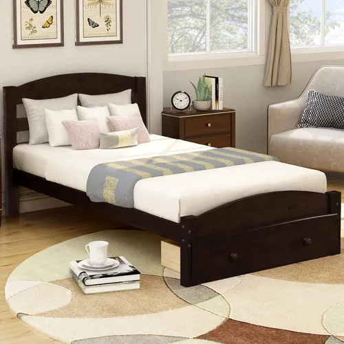 SOFTSEA Cama de madera de tamaño individual con cajones de almacenamiento, marco de cama de madera maciza moderna de mediados de siglo con cabecero