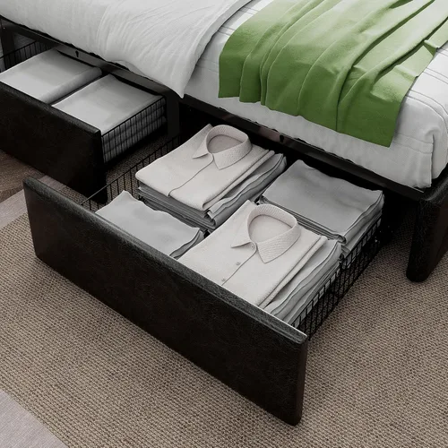 Vista 20 de HOOMIC Base de cama de almacenamiento de plataforma de tamaño matrimonial con 4 cajones y cabecera ajustable, listones de madera, no necesita