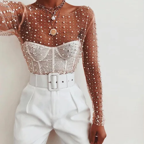 Vista 2 de Blusa de malla de manga larga con diamantes de imitación de perlas para mujer, con cuentas, con purpurina, para fiesta, club, Nude