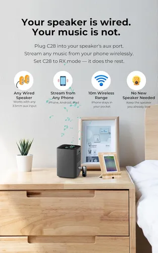 Vista 4 de Adaptador Receptor Transmisor Bluetooth Inalámbrico: Entrada y Salida de Audio Estéreo de 3.5mm Jack Auxiliar - para TV, Coche, Auriculares