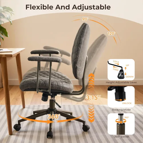 Vista 4 de Silla de oficina moderna Mid-Century Silla de escritorio ejecutiva ergonómica con soporte lumbar, silla giratoria reclinable de cuero de ante