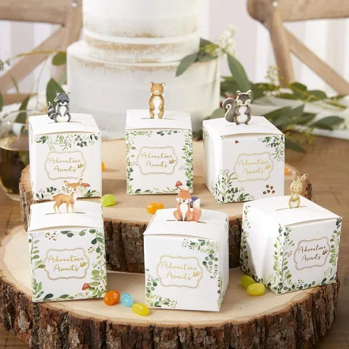 Kate Aspen Decoraciones de baby shower del bosque, adorables cajas de recuerdo de animales del bosque para baby showers, cumpleaños y revelaciones