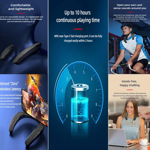 Vista 7 de Altavoz de cuello, micrófono incorporado Bluetooth 5.3, Altavoces de banda para el cuello portátil Sonido envolvente estéreo 3D (negro)