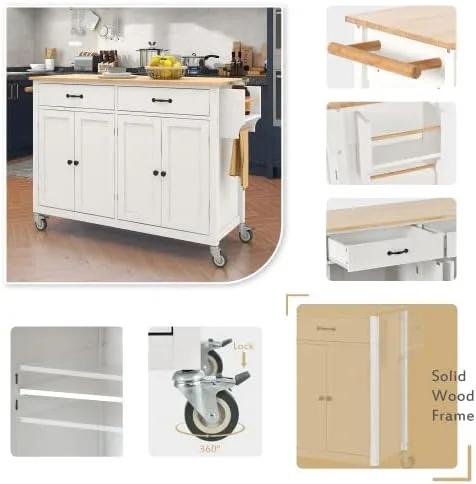 Vista 24 de Elefesign FridayParts FridayParts - Carrito de isla de cocina con parte superior de madera maciza y ruedas de bloqueo, 54.3 pulgadas de ancho