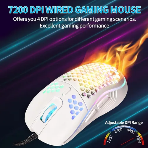 Vista 3 de Honeycomb - Mouse para juegos con cable, retroiluminación RGB y 7200 DPI ajustables, mouse USB ergonómico y ligero con sensor de alta precisión