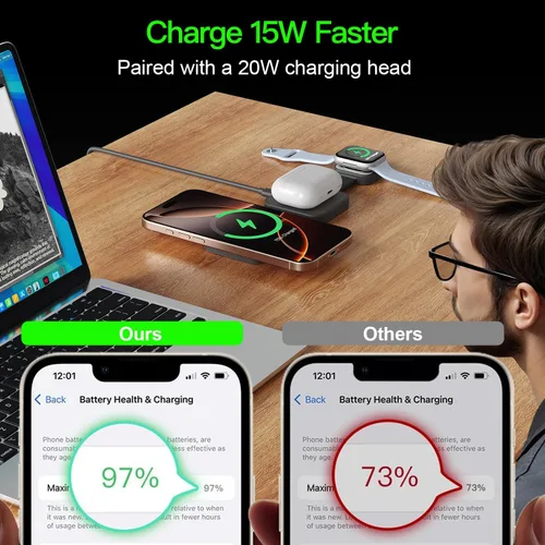 Vista 6 de Estación de carga inalámbrica plegable 3 en 1 para iPhone 16 Pro Max 2026 para cargador magnético MagSafe, soporte de viaje de 20 W carga múltiples