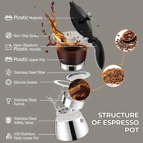Vista 3 de Olla de plástico transparente para 6 tazas, 10.1 fl oz, cafetera de acero inoxidable sin recubrimiento, cafetera espresso italiana, estilo clásico