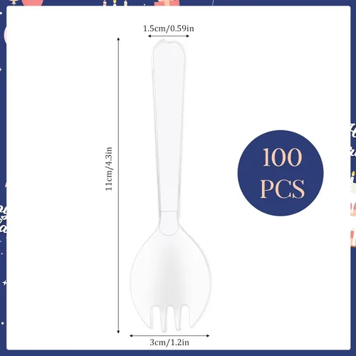 Vista 6 de Spork - 100 tenedores desechables pequeños envueltos individualmente, mini cucharas de plástico transparente, utensilios desechables para postres