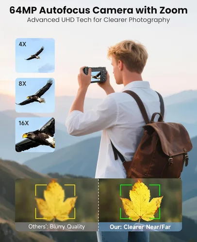 Vista 4 de Cámara digital 4K para fotografía, cámara de vlogging WiFi de 64MP para YouTube con enfoque automático, pantalla giratoria de 180° de 3", cámaras