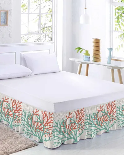 Vista 2 de Falda de cama color coral tamaño Queen de 16 pulgadas de caída, ajustable y elástica envolvente, plisada, con volantes de lujo para cama individual