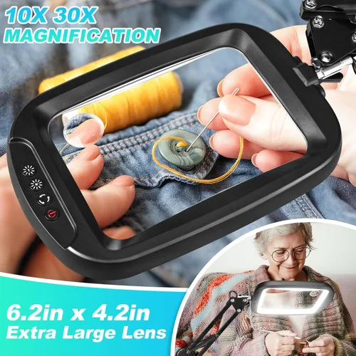 Vista 2 de Lupa extragrande de 10 x 30 veces con luz y abrazadera, lupa rectangular manos libres con 5 modos de color, lámpara de escritorio con luz LED