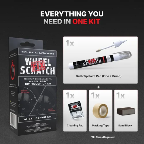 Vista 6 de Wheel Scratch Fix® Pintura de Retoque Negro Mate para Autos - Kit de Reparación DIY de Llantas de Aleación, Removedor de Raspones de Bordillo