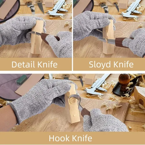 Vista 4 de Juego de cuchillos de tallado de madera de nogal con detalle de cuchillo de madera, cuchillo de gancho para principiantes, herramientas de tallado