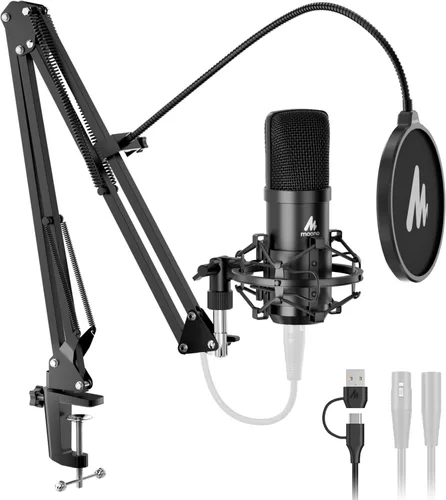 MAONO Micrófono de condensador XLR/USB: 192kHz/24Bit Plug & Play PC Podcast Kit de micrófono de metal cardioide con software, chipset de sonido